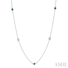 3/8 ctw Round Cut Diamond and 2.6MM Emerald Precious Station Necklace in 14K White Gold