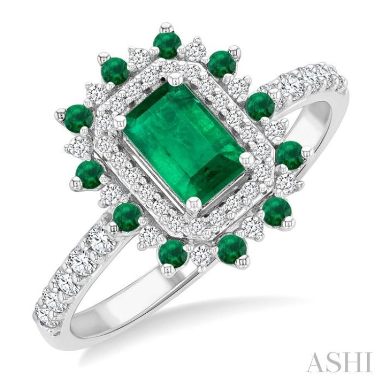 6X4 MM Emerald Shape & 1.5 MM Round Cut Emerald and 1/3 Ctw Round Cut Diamond Floral Precious Ring in 14K White Gold