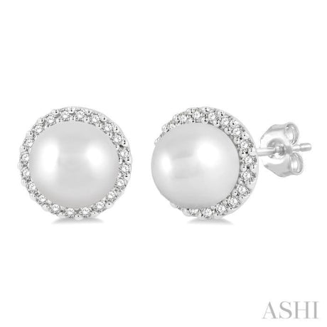 1/8 ctw Petite 5.5 MM Cultured Pearls and Round Cut Diamond Halo Fashion Stud Earring in 10K White Gold