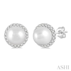 1/8 ctw Petite 5.5 MM Cultured Pearls and Round Cut Diamond Halo Fashion Stud Earring in 10K White Gold