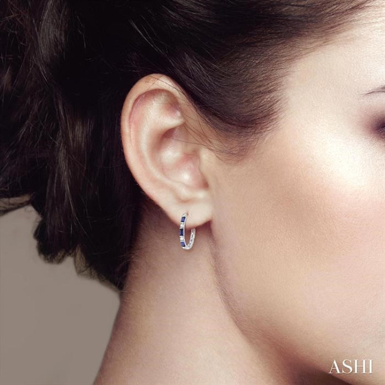 4X2 MM Baguette Cut Sapphire and 1/3 Ctw Art Deco Round Cut Diamond Precious Hoop Earring in 14K White Gold