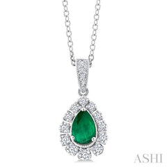 6X4 MM Pear Cut Emerald and 1/4 Ctw Round Cut Diamond Precious Pendant With Chain in 14K White Gold