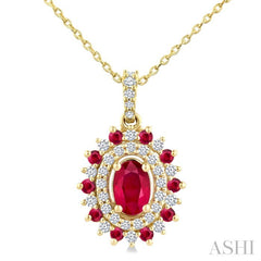 6X4 MM Oval Cut & 1.55 MM Round Cut Ruby and 1/4 Ctw Round Cut Diamond Floral Precious Pendant With Chain in 14K Yellow Gold