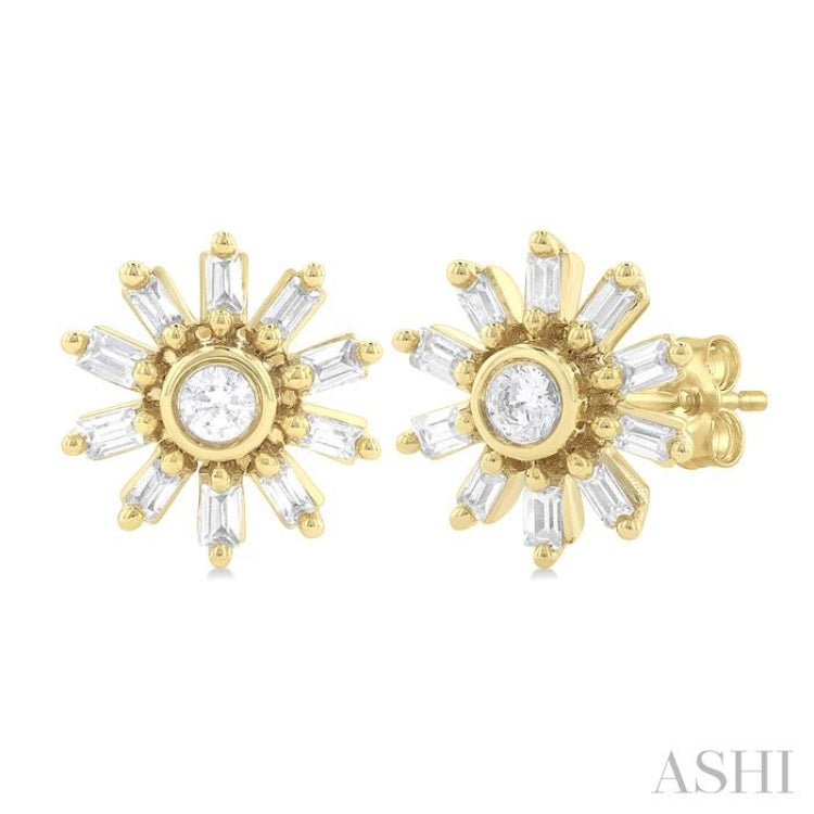 1/4 Ctw Petite Wheel Baguette and Round Cut Diamond Fashion Stud Earring in 10K Yellow Gold