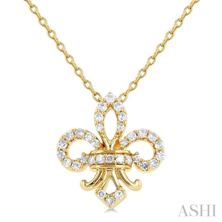 1/6 Ctw Petite Fleur De Lis Round Cut Diamond Fashion Pendant With Chain in 10K Yellow Gold