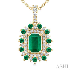 6X4 MM Emerald Cut & 1.55 MM Round Cut Emerald and 1/5 Ctw Round Cut Diamond Floral Precious Pendant With Chain in 14K Yellow Gold
