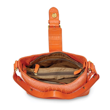 Top Grain Leather Croc Texture Marigold Orange Zip-Top Handbag with Adjustable Strap, 2 Zip Pockets, 2 Slip Pockets, Key Fob