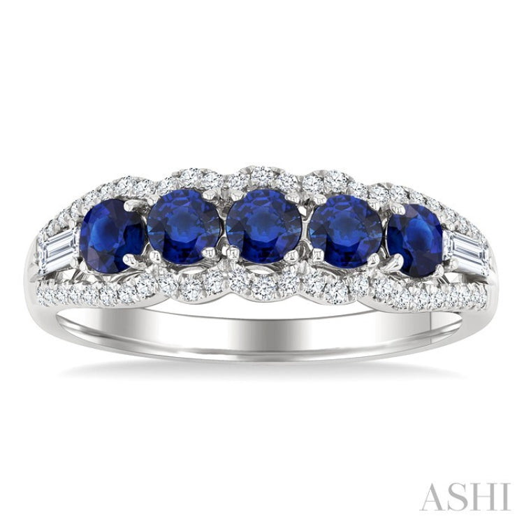 3.1 MM Round Sapphire and 1/4 Ctw Baguette and Round Cut Diamond 5-Stone Precious Ring in 14K White Gold