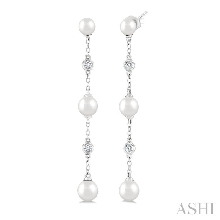 4 MM, 5 MM & 6 MM Round Shape Cultured Pearls and 1/10 Ctw Round Cut Diamond Station Long Earrings in 14K White Gold
