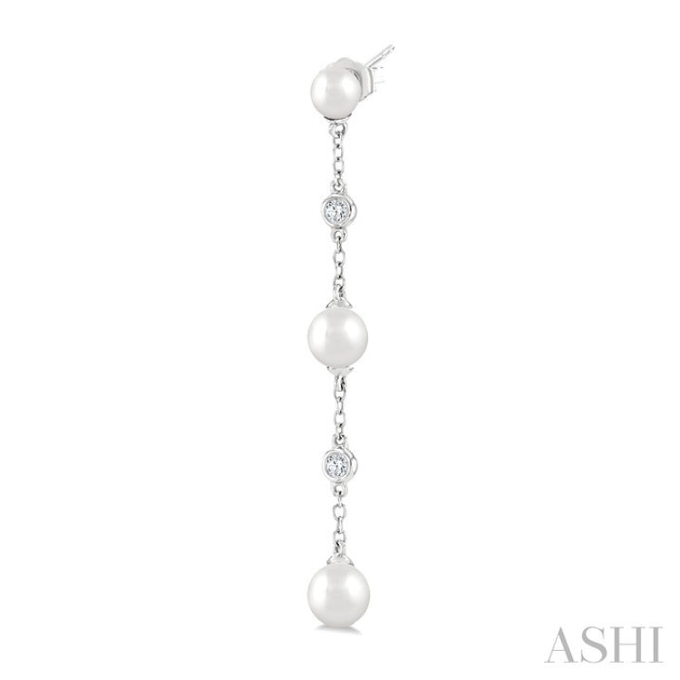 4 MM, 5 MM & 6 MM Round Shape Cultured Pearls and 1/10 Ctw Round Cut Diamond Station Long Earrings in 14K White Gold