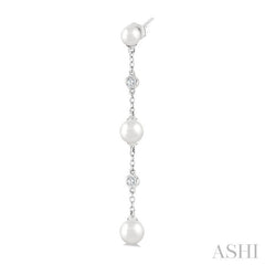 4 MM, 5 MM & 6 MM Round Shape Cultured Pearls and 1/10 Ctw Round Cut Diamond Station Long Earrings in 14K White Gold