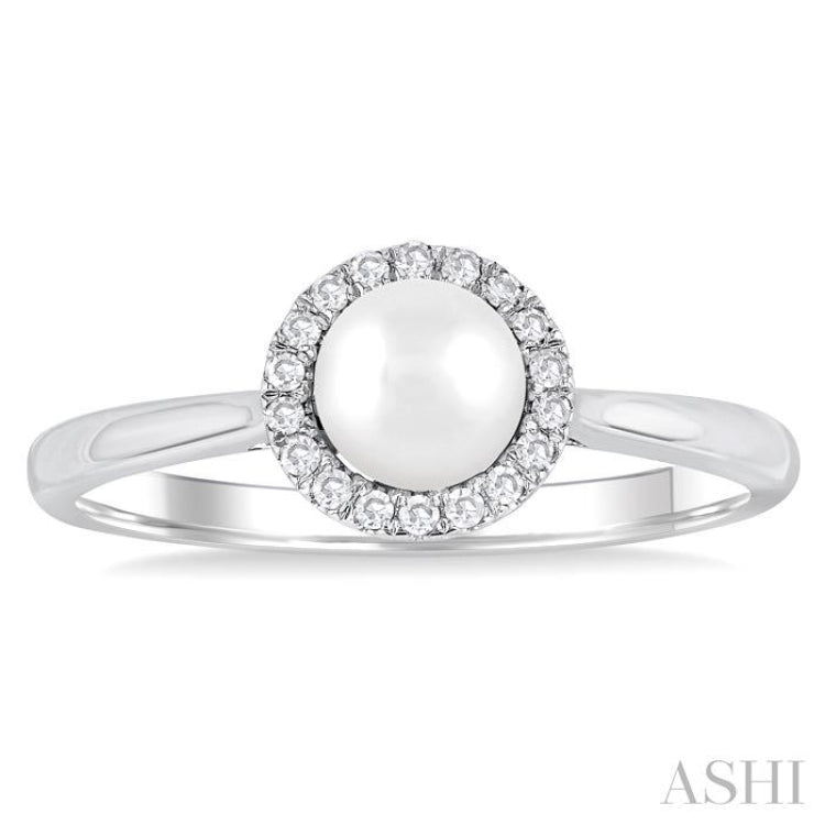 5 MM White Cultured Pearl and 1/20 Ctw Round Cut Diamond Halo Ring in 10K White Gold