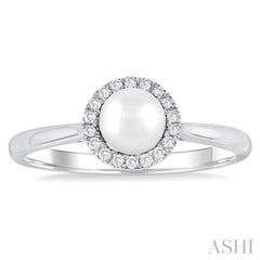 5 MM White Cultured Pearl and 1/20 Ctw Round Cut Diamond Halo Ring in 10K White Gold
