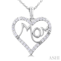 1/4 Ctw 'MOM' Heart Frame Round Cut Diamond Fashion Pendant With Chain in 10K White Gold