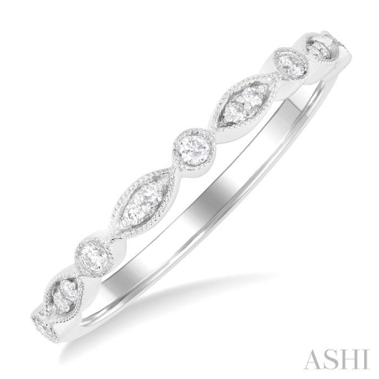 1/10 Ctw Marquise and Circular Motif Carved Round Cut Diamond Stackable Wedding Band in 14K White Gold
