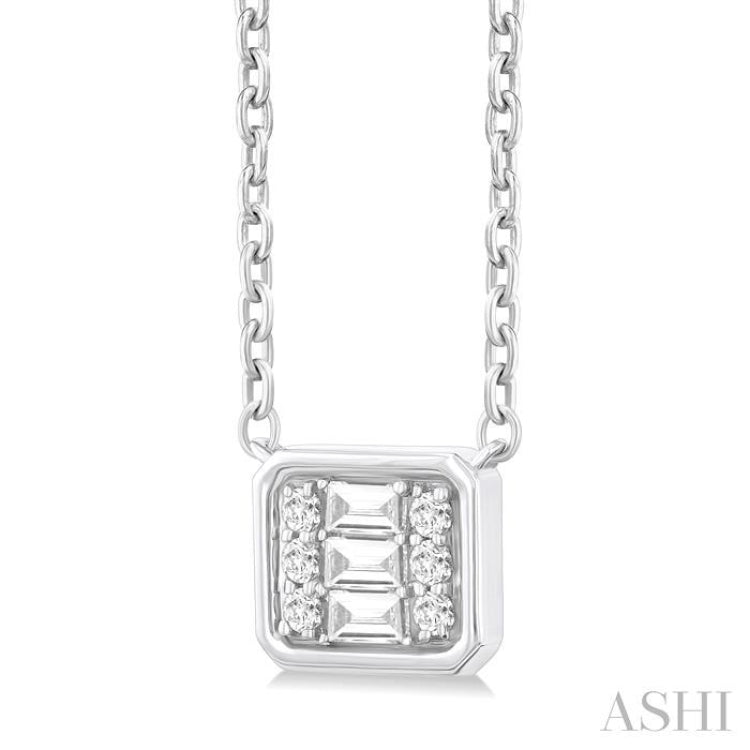 1/6 ctw Petite Bezel Set East-West Emerald Shape Fusion Baguette and Round Cut Diamond Fashion Pendant With Chain in 10K White Gold