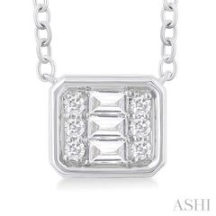 1/6 ctw Petite Bezel Set East-West Emerald Shape Fusion Baguette and Round Cut Diamond Fashion Pendant With Chain in 10K White Gold
