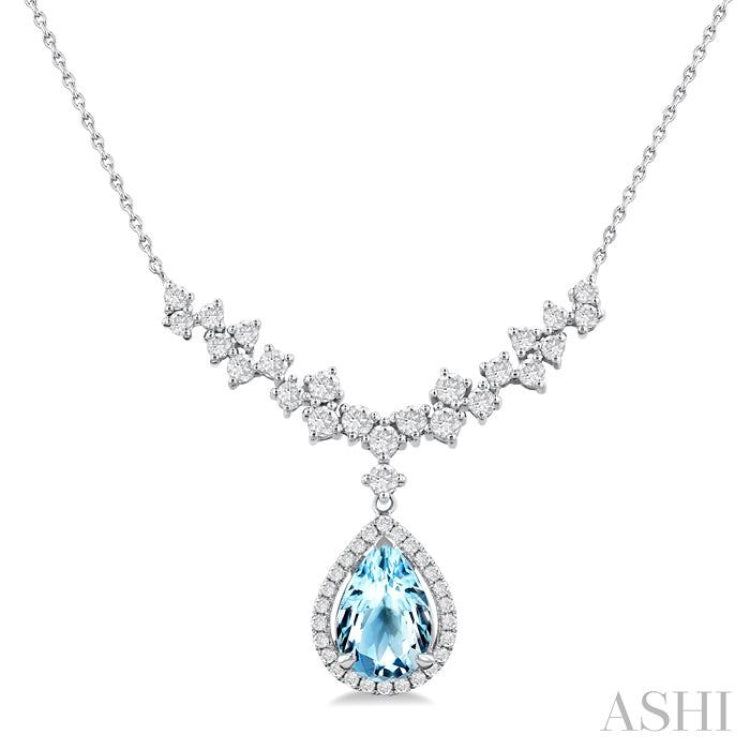9x6 MM Pear Cut Aquamarine and 3/4 Ctw Round Cut Diamond Semi-Precious Necklace in 14K White Gold