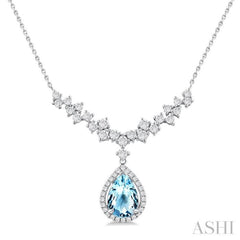 9x6 MM Pear Cut Aquamarine and 3/4 Ctw Round Cut Diamond Semi-Precious Necklace in 14K White Gold