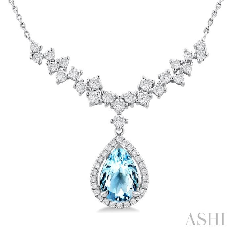 9x6 MM Pear Cut Aquamarine and 3/4 Ctw Round Cut Diamond Semi-Precious Necklace in 14K White Gold