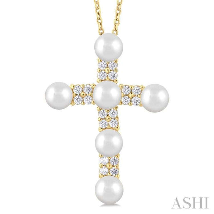 4 MM Cross Cultured Pearl and 1/5 Ctw Round Cut Diamond Semi-Precious Fashion Pendant With Chain in 10K Yellow Gold