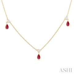 5x3 MM Pear Shape Ruby and 1/8 Ctw Round Cut Diamonds Precious Station Necklace in 10K Yellow Gold