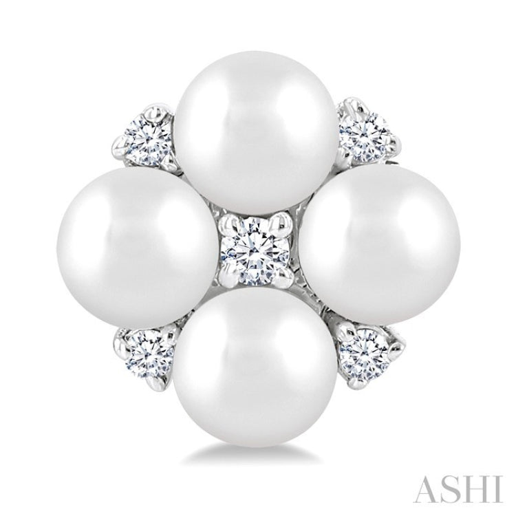 3 MM Floral Round Shape Cultured Pearl and 1/20 Ctw Round Cut Diamond Fashion Stud Earrings in 10K White Gold