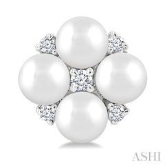 3 MM Floral Round Shape Cultured Pearl and 1/20 Ctw Round Cut Diamond Fashion Stud Earrings in 10K White Gold