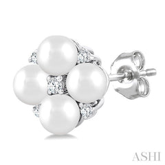 3 MM Floral Round Shape Cultured Pearl and 1/20 Ctw Round Cut Diamond Fashion Stud Earrings in 10K White Gold