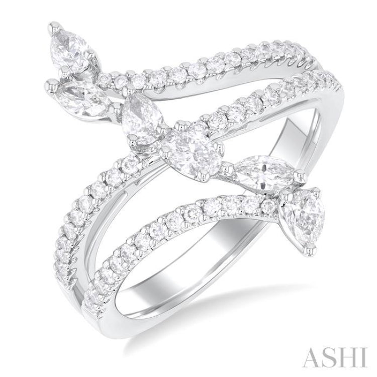 3/4 Ctw Three-Way Split Shank Mixed Diamond Cut Fashion Ring in 14K White Gold