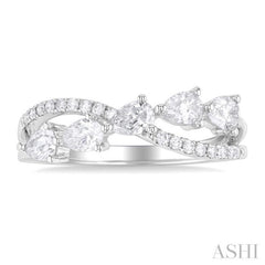 7/8 Ctw Split Criss Cross Pear and Round Cut Diamond Fashion Ring in 14K White Gold