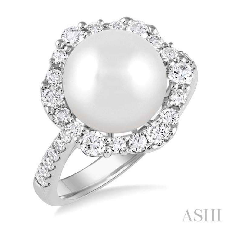 10 MM Cultured Pearl and 3/4 Ctw Hexagon Shape Round Cut Diamond Ring in 14K White Gold