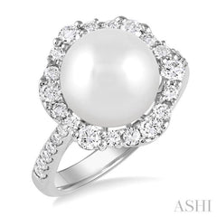 10 MM Cultured Pearl and 3/4 Ctw Hexagon Shape Round Cut Diamond Ring in 14K White Gold