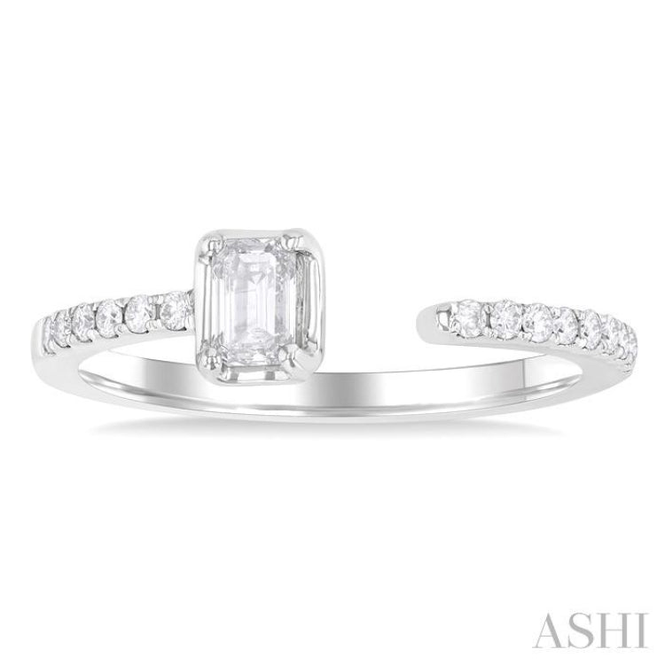 3/8 Ctw Emerald and Round Cut Diamond Fashion Open Ring in 14K White Gold