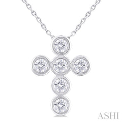 1/2 Ctw Round Cut Diamond 6-Stone Bezel Set Cross Pendant With Chain in 14K White Gold