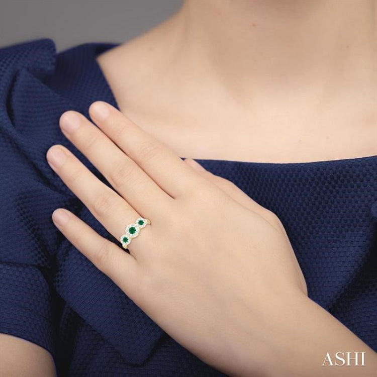 3.8 MM & 3 MM Emerald and 5/8 Ctw Round Cut Diamond Precious Lovebright Past, Present and Future Ring in 14K Yellow Gold