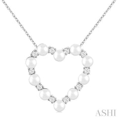 3 MM Round Shape Cultured Pearl and 1/5 Ctw Round Cut Diamond Heart Shape Pendant With Chain in 14K White Gold