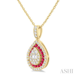 1.25 MM & 1.45 MM Pear Shape Ruby and 1/4 Ctw Baguette and Round Cut Diamond Precious Pendant With Chain in 14K Yellow Gold
