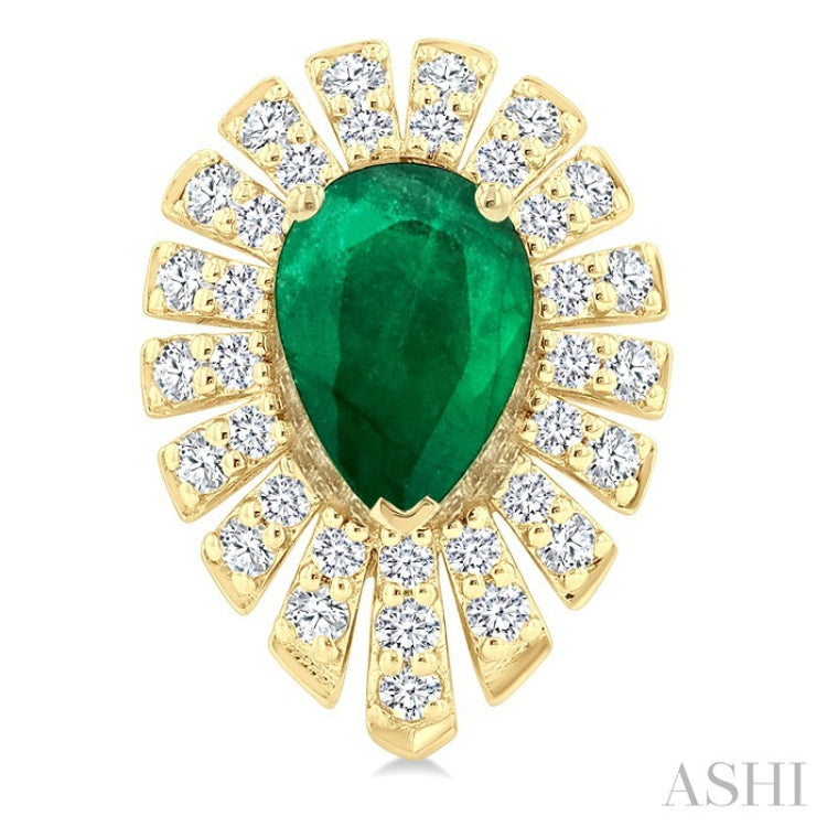 5X3 MM Pear Cut Emerald and 1/3 Ctw Starburst Round Cut Diamond Precious Stud Earrings in 14K Yellow Gold