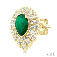 5X3 MM Pear Cut Emerald and 1/3 Ctw Starburst Round Cut Diamond Precious Stud Earrings in 14K Yellow Gold