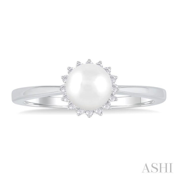 6 MM Round Shape Cultured Pearl and 1/10 Ctw Petite Round Cut Diamond Floral Halo Fashion Ring in 10K White Gold