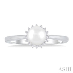 6 MM Round Shape Cultured Pearl and 1/10 Ctw Petite Round Cut Diamond Floral Halo Fashion Ring in 10K White Gold