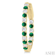 1.8 MM Emerald and 1/2 Ctw Round Cut Inside-Out Diamond Precious Hoop Earrings in 14K Yellow Gold