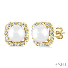 5 MM Cushion-Shaped Cultured Pearl and 1/8 Ctw Petite Round Cut Diamond Halo Stud Earrings in 10K Yellow Gold