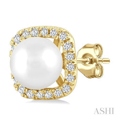 5 MM Cushion-Shaped Cultured Pearl and 1/8 Ctw Petite Round Cut Diamond Halo Stud Earrings in 10K Yellow Gold