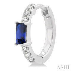 4X2 MM Baguette Cut Sapphire and 1/8 Ctw Petite Round Cut Diamond Fashion Huggies in 10K White Gold