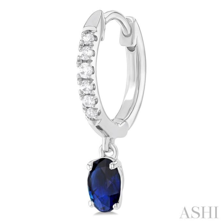 5x3 MM Oval Cut Sapphire and 1/8 Ctw Petite Round Cut Diamond Precious Fashion Huggies in 10K White Gold