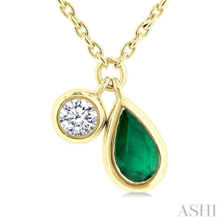 5x3 MM Pear Cut Emerald and 1/50 Ctw Bezel Set Round Cut Diamond Precious Pendant With Chain in 10K Yellow Gold