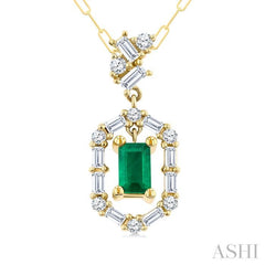 5x3 MM Emerald Cut and 1/3 Ctw Baguette & Round Cut Diamond Precious Fashion Pendant With Chain in 14K Yellow Gold