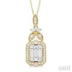 5/8 Ctw Fusion Baguette and Round Cut Diamond Fashion Pendant With Chain in 14K Yellow and White Gold